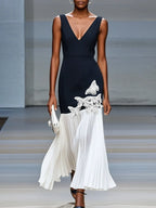Black Pleated Applique Butterfly Classic Deep V Neck Sleeveless Mermaid Maxi Dress
