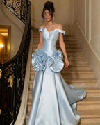 Cocoslly Off-The-Shoulder Sleeveless High Waist Long Prom Dress With Ruffles | Sky Blue Satin CO0117