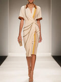 Apricot Wrap Dress Shirt Collar Short Sleeve Sheath Midi Dress
