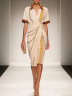 Apricot Wrap Dress Shirt Collar Short Sleeve Sheath Midi Dress