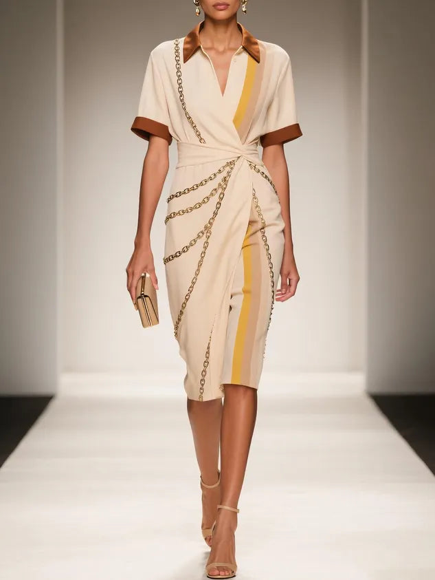 Apricot Wrap Dress Shirt Collar Short Sleeve Sheath Midi Dress