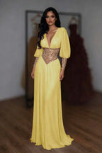 Cocoslly V-Neck Long Sleeves High Waist Long Prom Dress With Rhinstone | White Chiffon LR0373