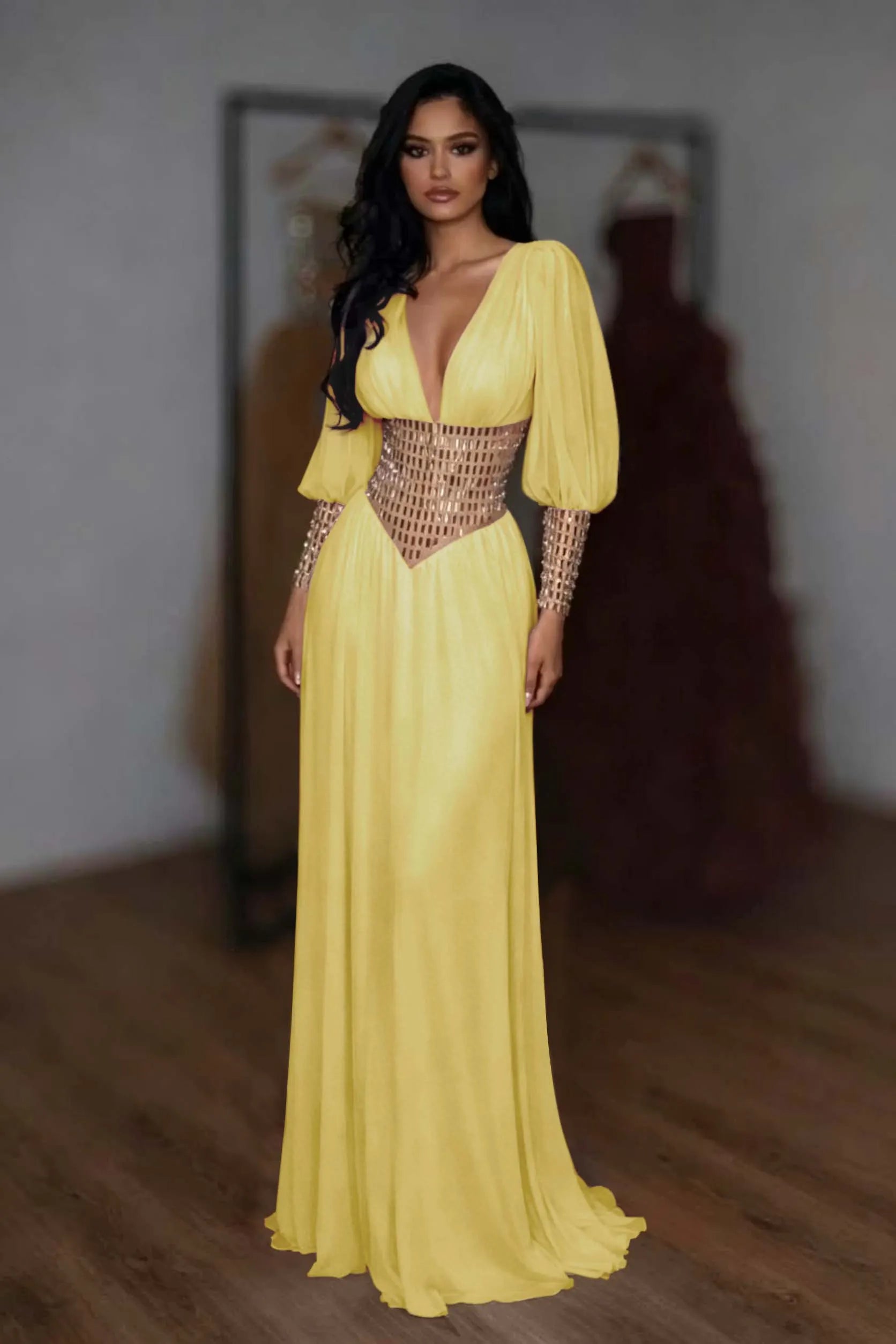 Cocoslly V-Neck Long Sleeves High Waist Long Prom Dress With Rhinstone | White Chiffon LR0373