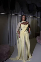 Cocoslly Strapless Sleeveless High Waist Long Prom Dress With Appliques And Scarf | Daffodil Chiffon YQ0072