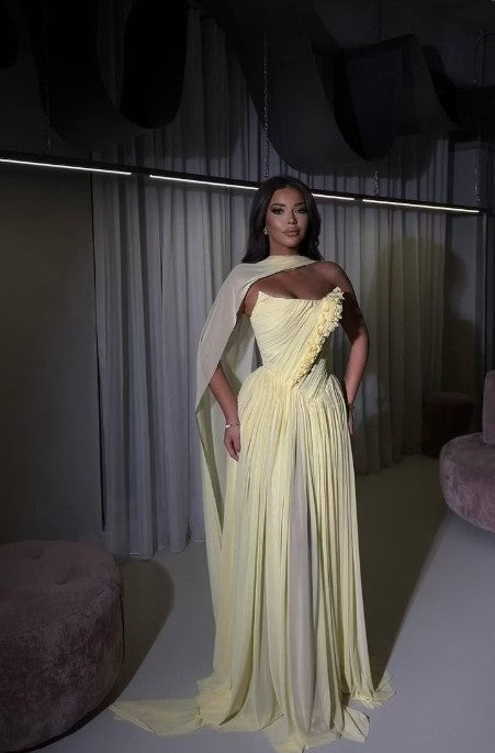 Cocoslly Strapless Sleeveless High Waist Long Prom Dress With Appliques And Scarf | Daffodil Chiffon YQ0072
