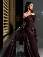Cocoslly Strapless Sleeveless High Waist Long Prom Dress With Beading Pearls And Gloves | Regency Satin CO0045