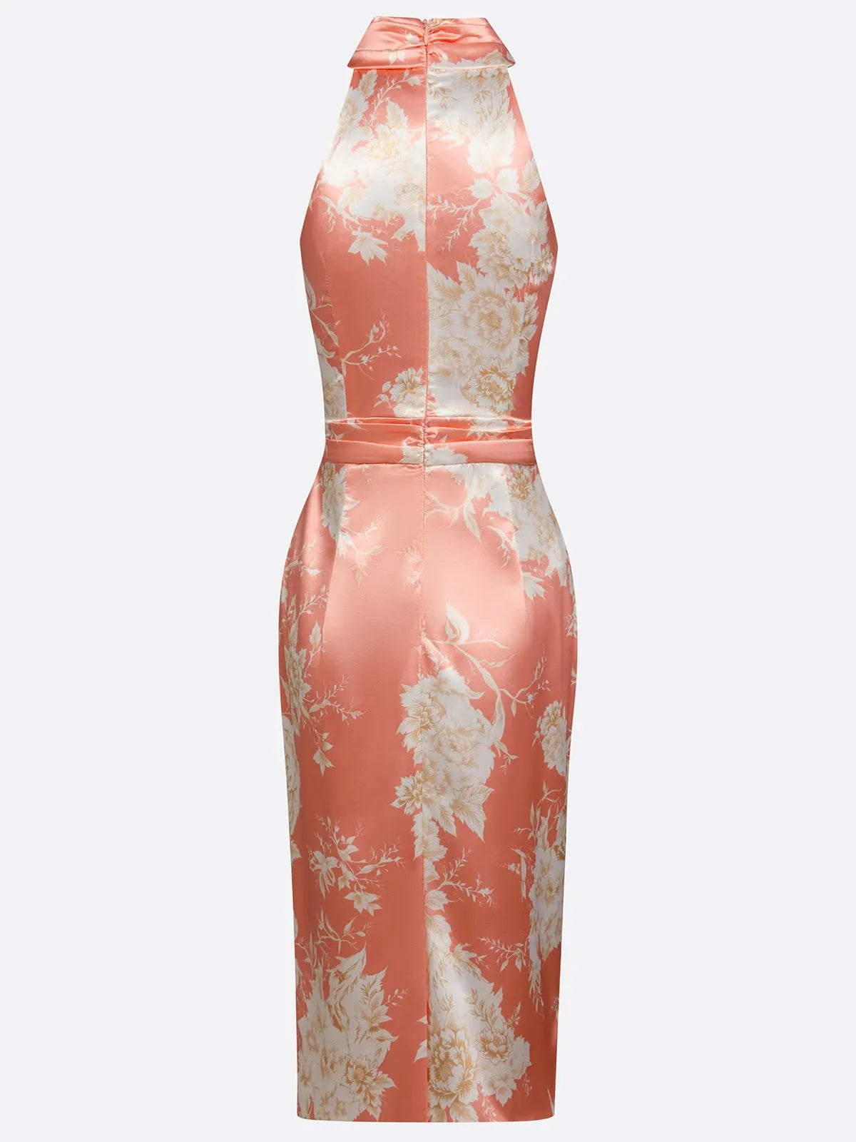 Pink Floral Satin Halter Neck Sleeveless Sheath Midi Dress