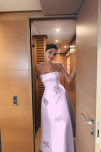 Cocoslly Strapless Sleeveless High Waist Long Prom Dress With Appliques | Mist Blue Satin WQ0251
