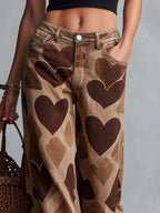 Retro Casual Heart Pattern Versatile Light Brown Denim Pants