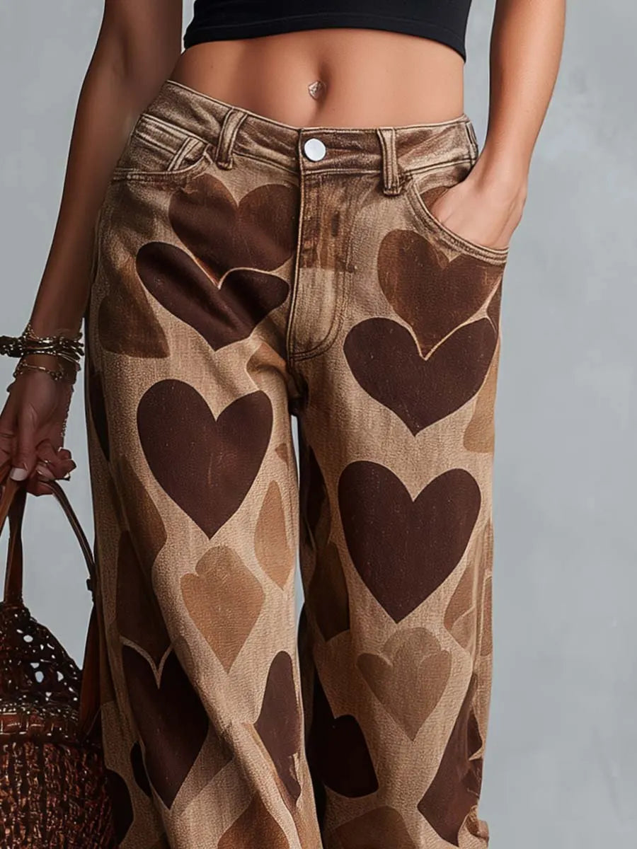 Retro Casual Heart Pattern Versatile Light Brown Denim Pants
