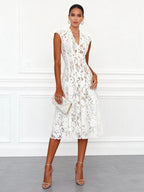 White Lace V Neck Sleeveless A-Line Midi Dress