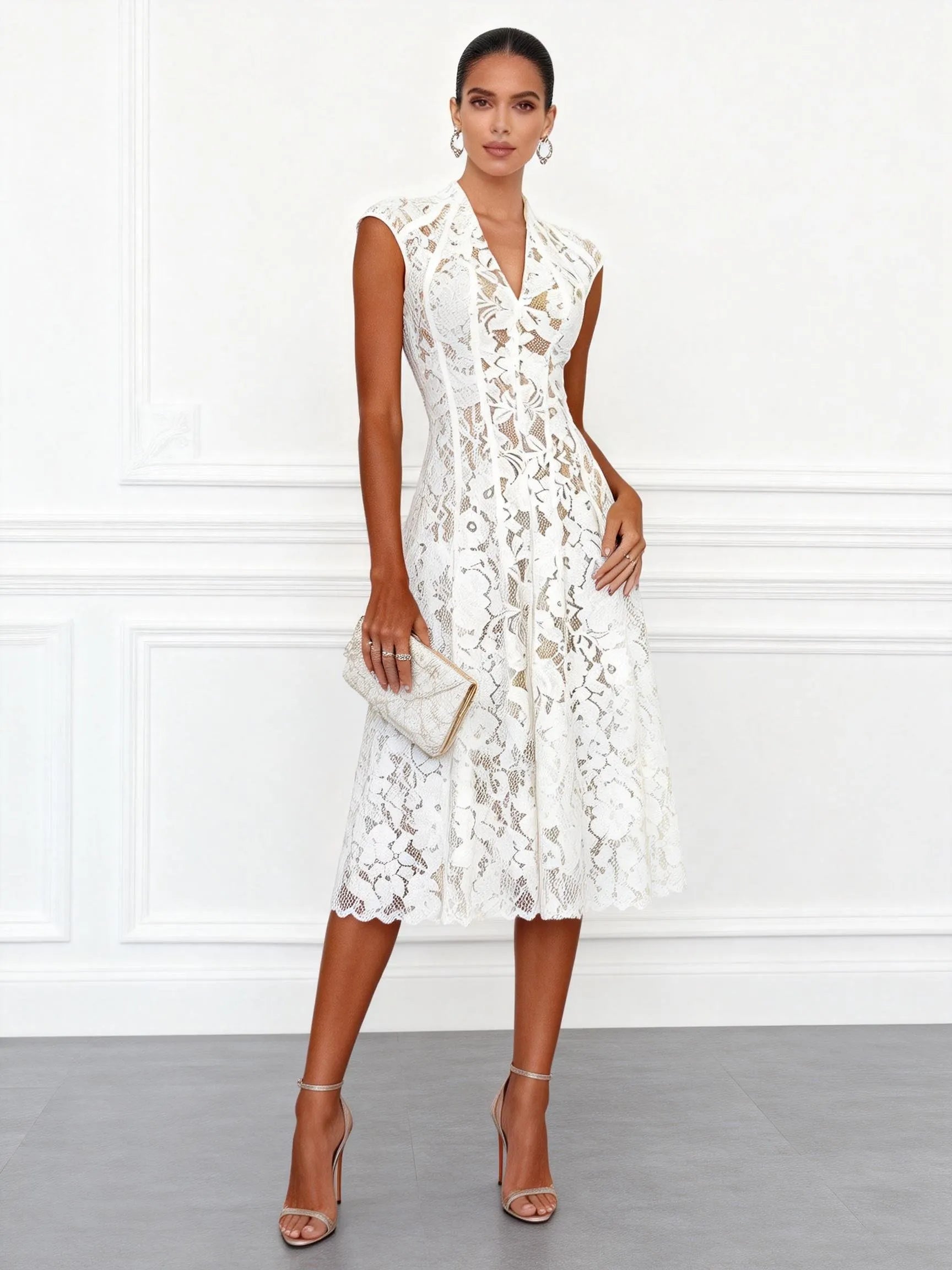 White Lace V Neck Sleeveless A-Line Midi Dress