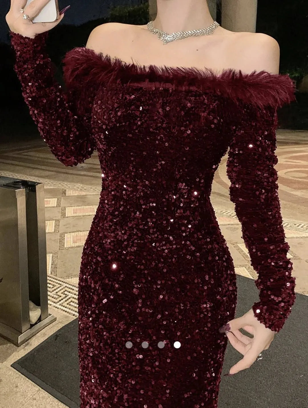 Cocoslly Off-The-Shoulder Long Sleeves High Waist Long Prom Dress With Sequins And Feathers | Burgundy Sequins CO0036