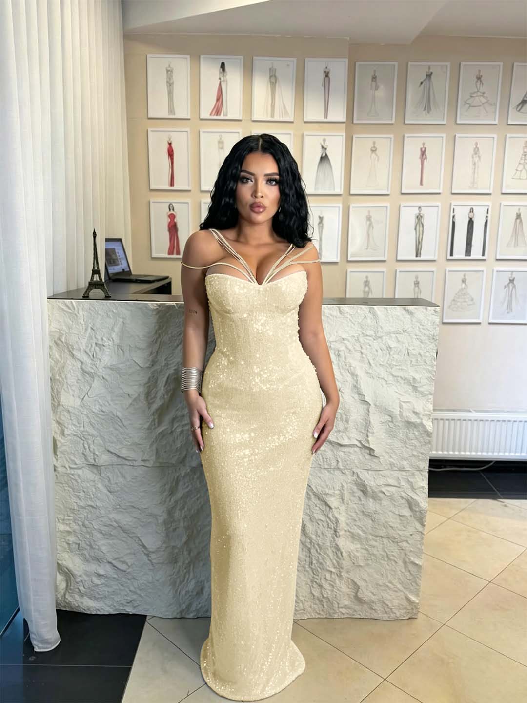 Cocoslly Spaghetti Straps Sleeveless High Waist Long Mermaid  Prom Dress | Brown Sequins YK0969
