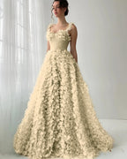 Tulle Square Neck Spaghetti Straps Sleeveless Long A-Line Prom Dress With Flower Appliques YK0613