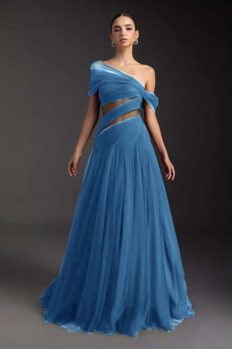 Cocoslly Off-The-Shoulder Long A-Line Prom Dress With Pleated | Burgundy Tulle ZA0173