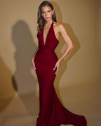 Halter Deep V Neck Sleeveless Long Mermaid Prom Dress With Pleated YK0260