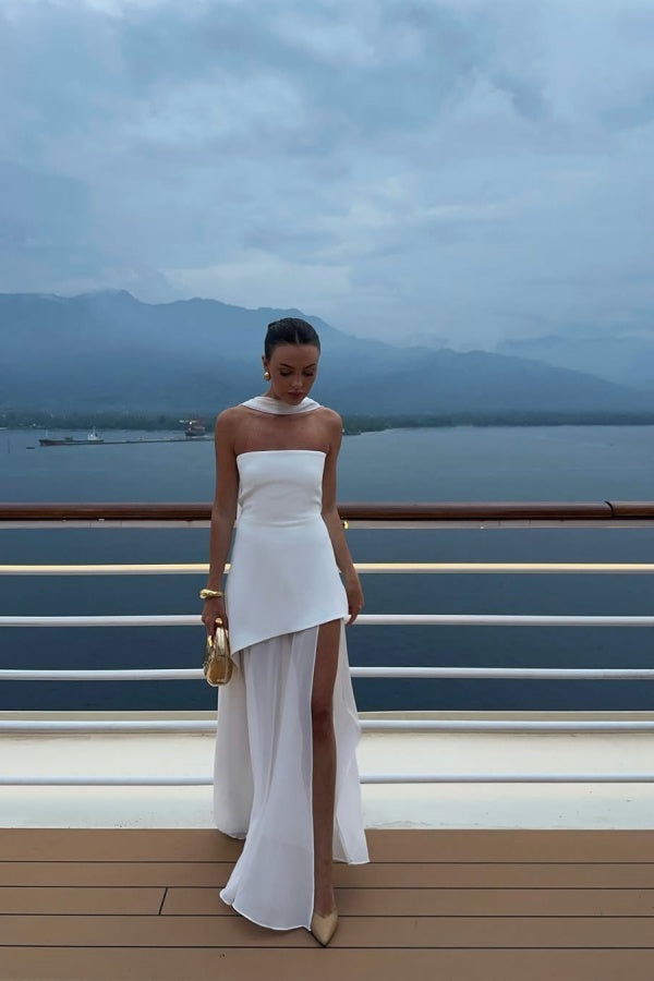 Cocoslly Strapless Split Holiday Summer Long Prom Dress With Scarf | White Satin And Chiffon ZT0604