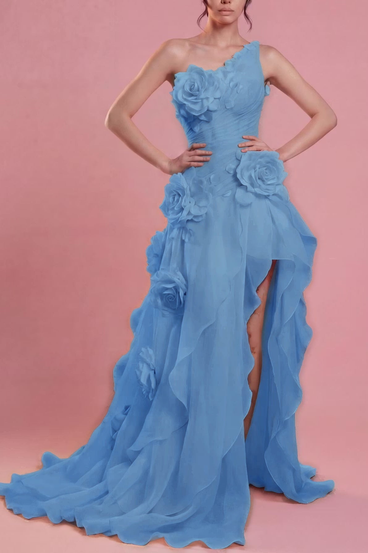Cocoslly One Shoulder Sleeveless High Waist Long Split Prom Dress With Ruffles And Flowers | Blushing Pink Chiffon YC0489
