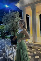 Cocoslly Strapless Sleeveless High Waist Long Prom Dress With Ruffles And Pleated | Dusty Sage Chiffon LR0540