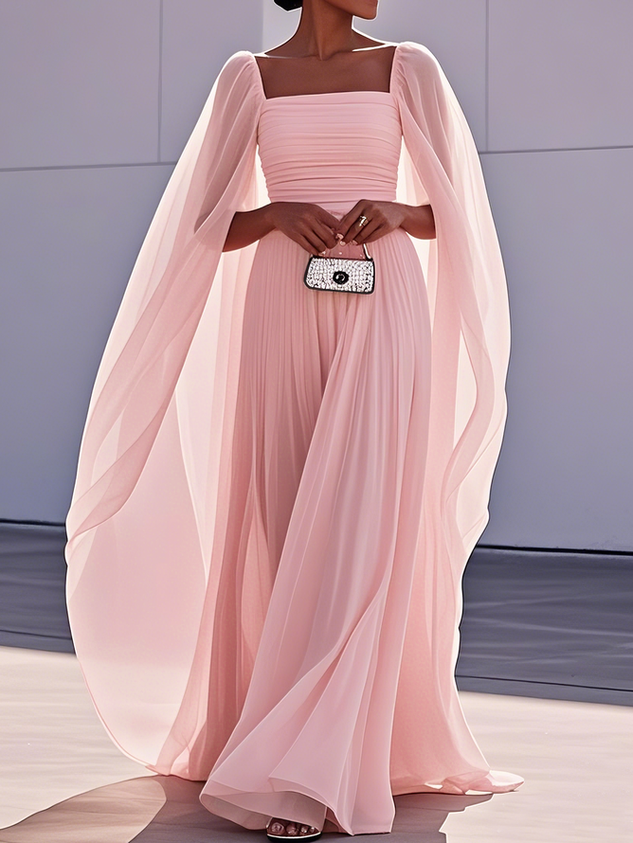 Yellow Pleated Chiffon Dress Square Neck Long Sleeve A-Line Gown