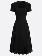 Black Asymmetric Classic Scalloped Square Neck Short Sleeve A-Line Midi Dress