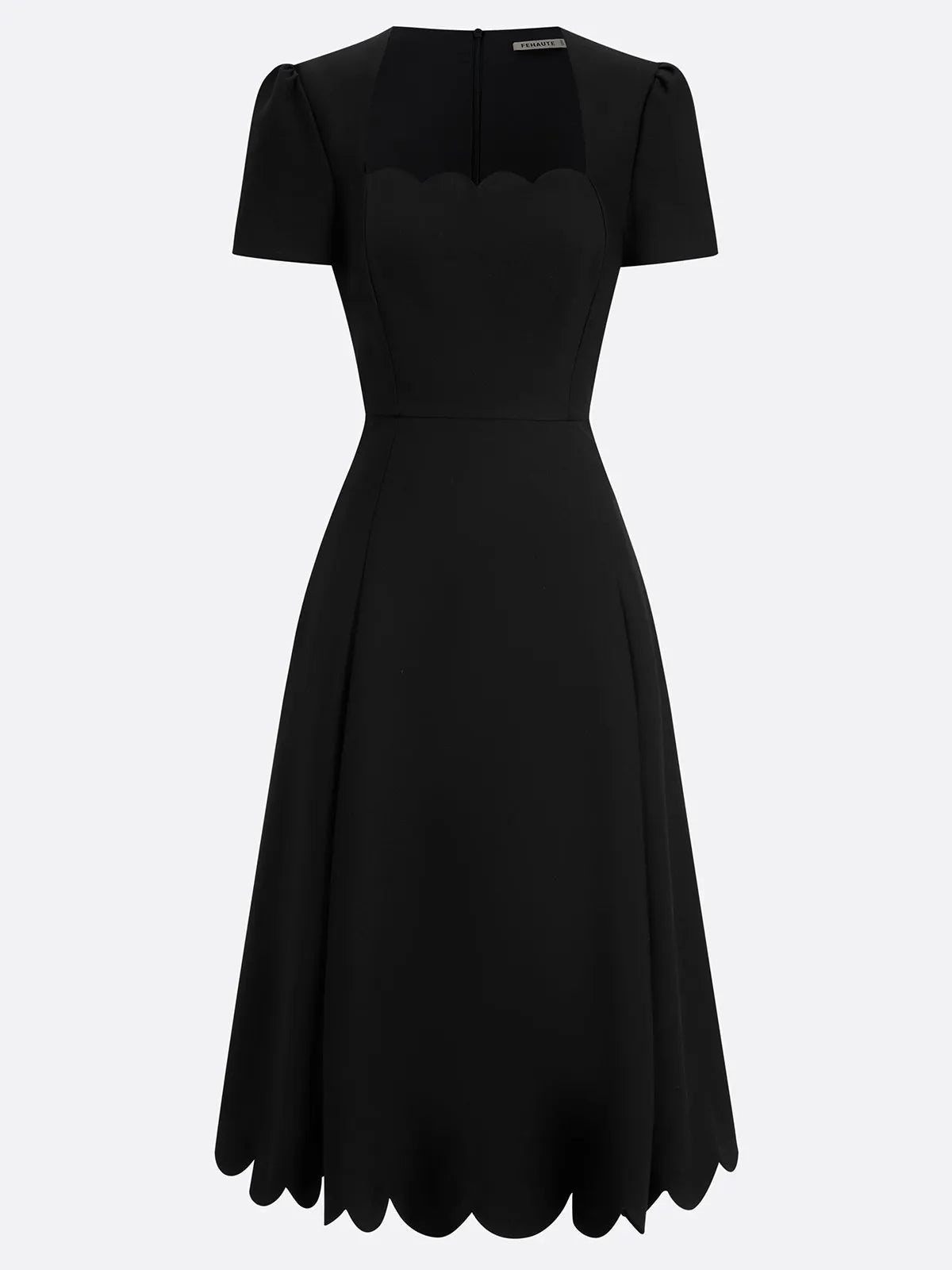 Black Asymmetric Classic Scalloped Square Neck Short Sleeve A-Line Midi Dress