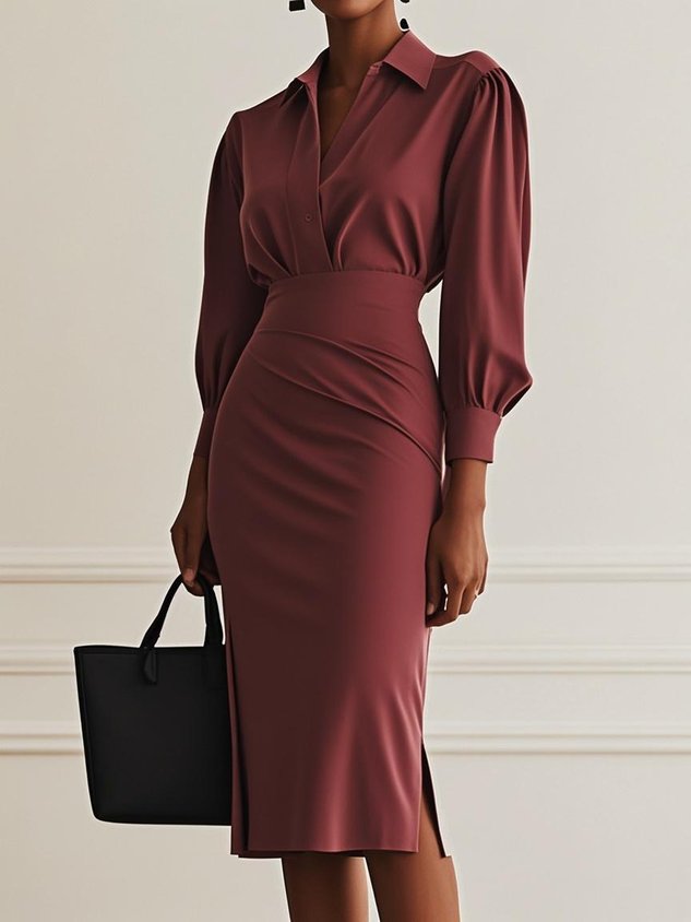 Women Light Gray Ruched Shirt Collar Long Sleeve Dressy Top With Skirt Two-Piece Set