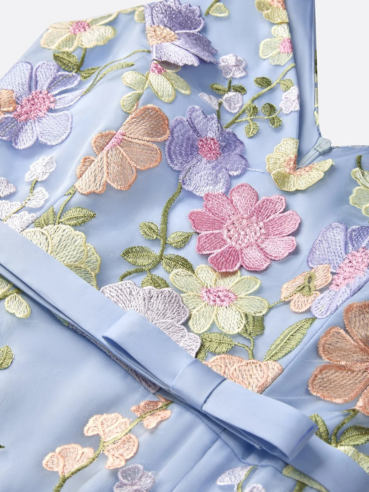 Light Blue Floral Embroidered Classic V Neck Sleeveless A-Line Floor-length Gown Dress
