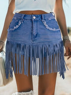 Vintage Washed Raw Edge Tassel Light Blue Denim Culottes