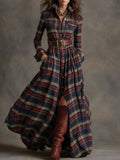 Retro Ethnic Style Lapel Reddish Brown Plaid Maxi Dress
