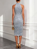 Light Blue Jacquard Classic Halter Neck Sleeveless Sheath Denim Midi Dress