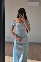 Cocoslly Off-The-Shoulder Sleeveless High Waist Long Mermaid Prom Dress | Baby Blue Satin ZT0711