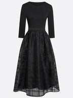 Black Organza Knit Crew Neck Half Sleeve A-Line Midi Dress