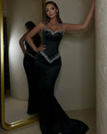 Cocoslly Spaghetti Straps Sleeveless Long Mermaid Prom Dress With Sequins Beadings | Black Satin YH0057