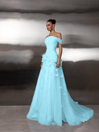 Cocoslly Off-The-Shoulder Strapless Sleeveless Long Pleated A-Line Prom Dress With Flower Appliqués | Light Blue Tulle ZA0285