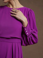 Rose Red Asymmetric Boat Neck Long Balloon Sleeve A-Line Midi Dress