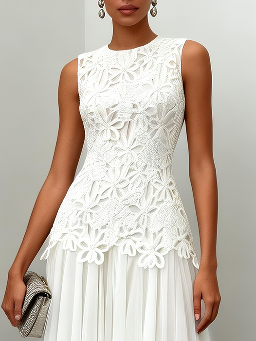 White Lace Classic Crew Neck Sleeveless A-Line Maxi Dress