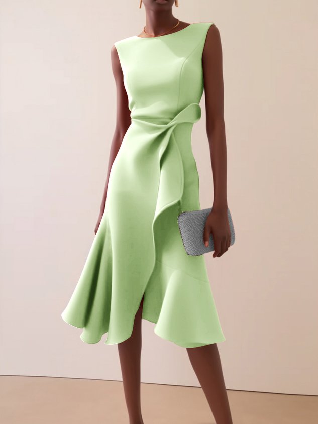 Apricot White Sleeveless Midi Elegant A-line Dress with Waist Twist for Day-to-Night