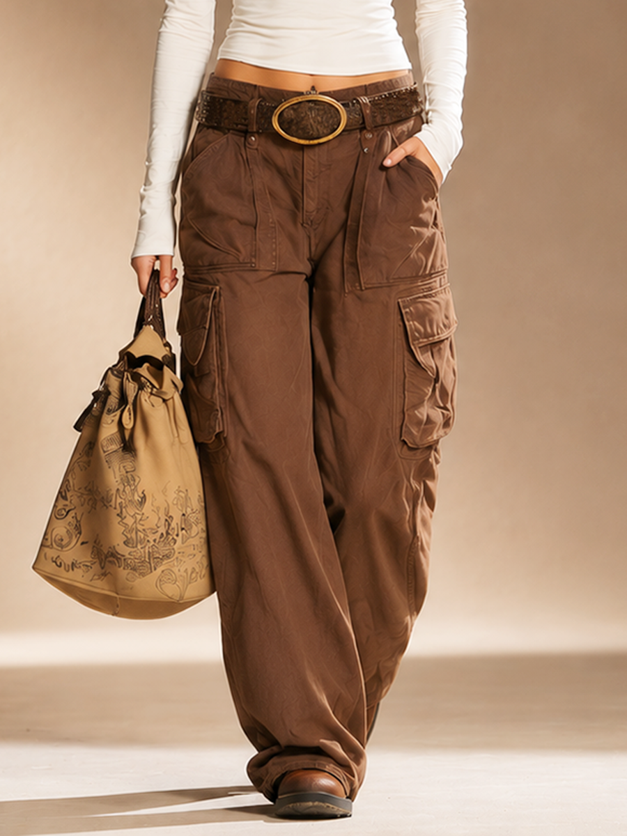 Western-style Retro Casual Set Featuring A White Cowl-neck Top And Brown Cotton Pants Set