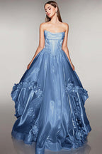 Cocoslly Strapless Sleeveless High Waist Long A Line Prom Dress With Flowers | Pink Satin