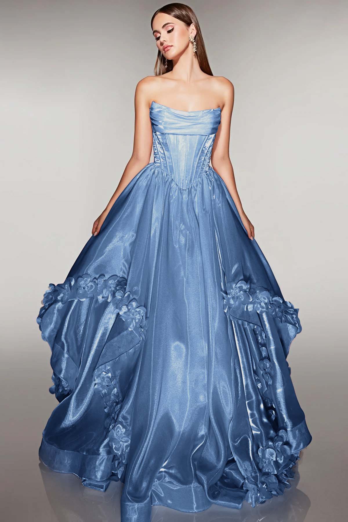 Cocoslly Strapless Sleeveless High Waist Long A Line Prom Dress With Flowers | Pink Satin