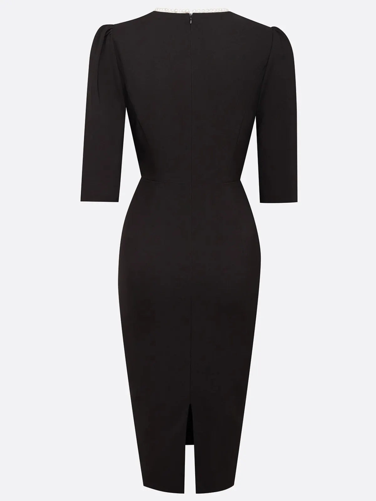 Black Faux Pearl V Neck Sheath Midi Dress