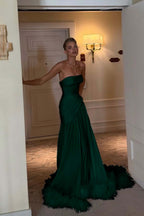 Cocoslly Strapless Sleeveless Long Pleated Prom Dress With Feathers | Ivory Satin ZA0210
