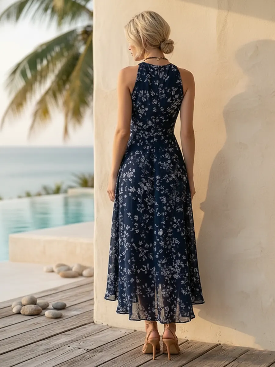 Retro Classic Floral Print Navy Blue Chiffon Sleeveless Maxi Dress