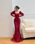 Cocoslly Square Neck Long Sleeves High Waist Long Mermaid Prom Dress | Wine Red Lace CO0123