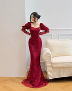 Cocoslly Square Neck Long Sleeves High Waist Long Mermaid Prom Dress | Wine Red Lace CO0123