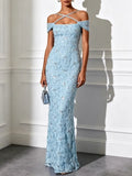 Light Blue Jacquard Glitter Classic Off The Shoulder Short Sleeve Mermaid Floor-length Gown Dress
