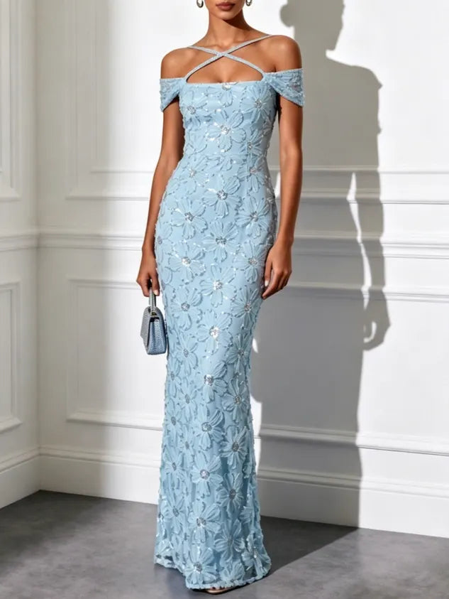 Light Blue Jacquard Glitter Classic Off The Shoulder Short Sleeve Mermaid Floor-length Gown Dress