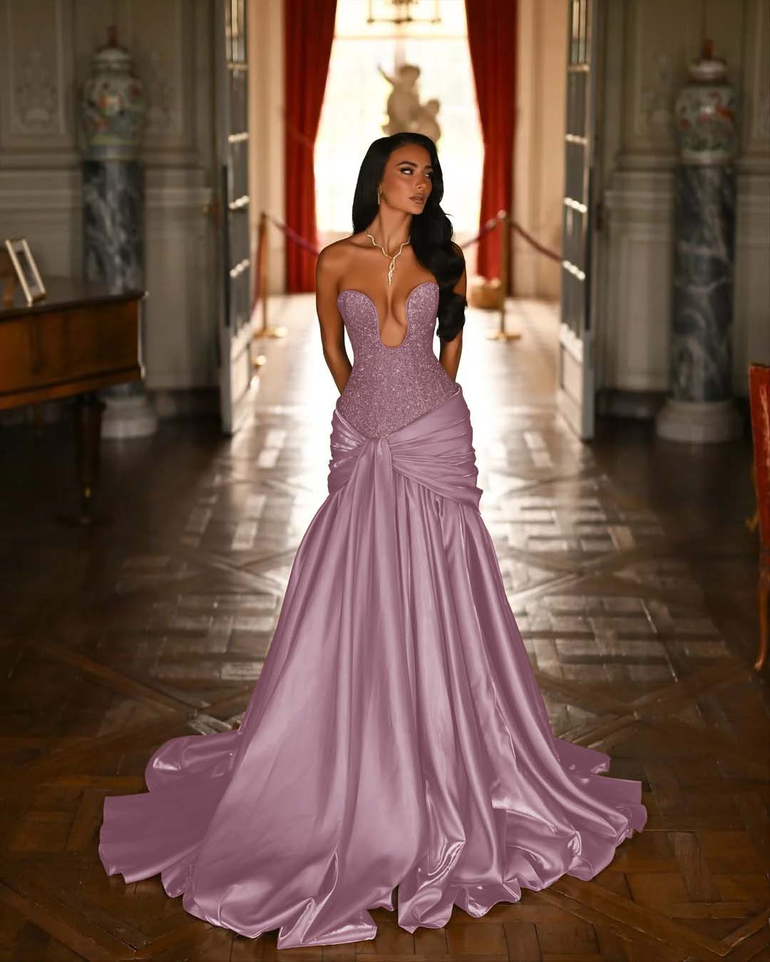 Satin Deep V-Neck Strapless Sleeveless Long Pleated Mermaid Prom Dress With Ruffles And Beadings YK0644
